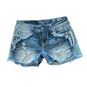 Miss Me Mid-Rise Embellished Distressed Denim Jean Shorts